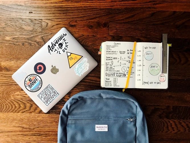Flat lay of bookbag, laptop and notebook
