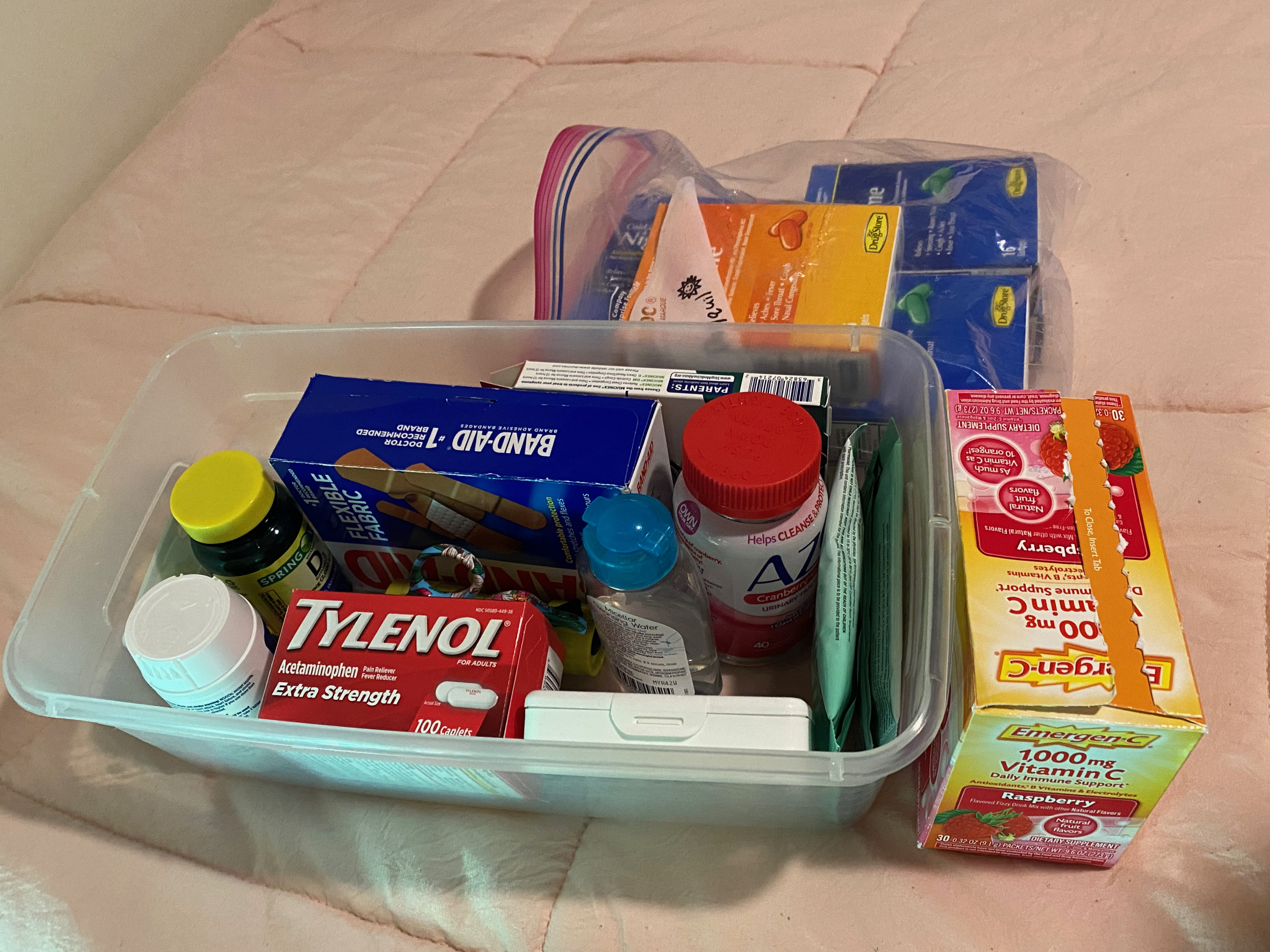 Medicine including Tylenol, Emergen-C, Off-brand Dayquil and Nyquil, etc.