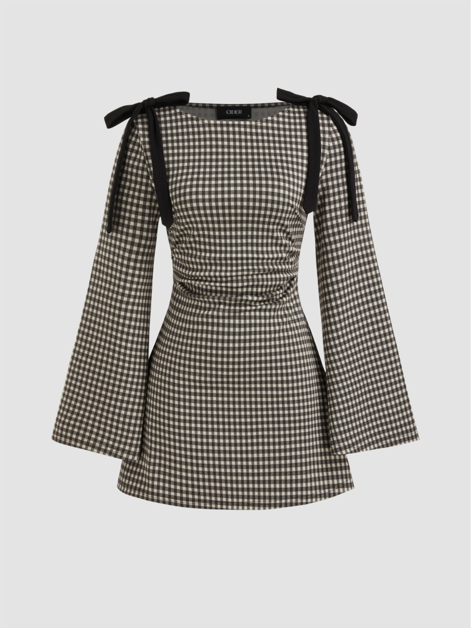 Cider Cotton-blend Boat Neck Gingham Bowknot Ruched Mini Dress