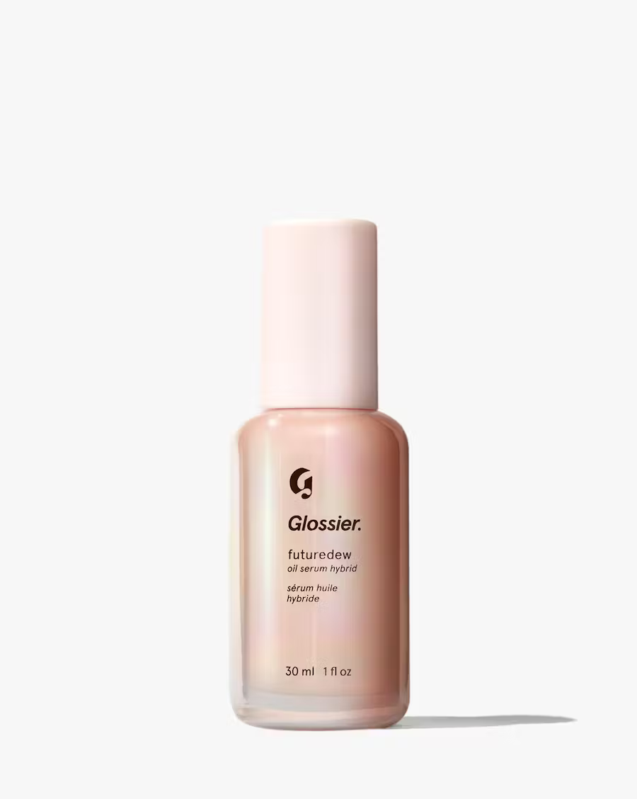 Glossier futuredew oil hyrbid serum bottle, pink bottle with white background