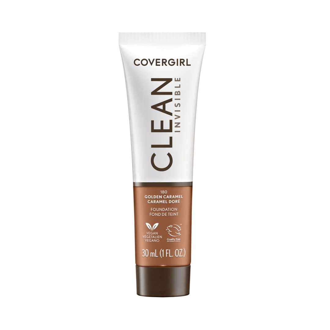 Tube of Covergirl Clean Invisible foundation in shade 360 Golden Caramel. The 30 ml tube has a white cap and features vegan and cruelty-free symbols.