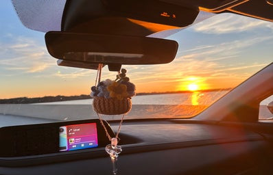 photo of sunset from car on bridge overlooking lake with crochet hanging plant on mirror