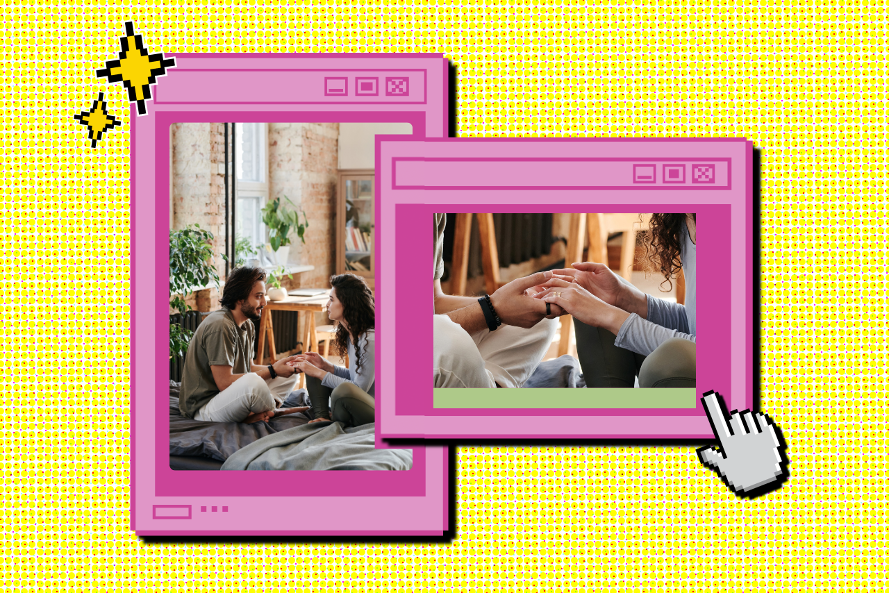 Couple holding hands talking.