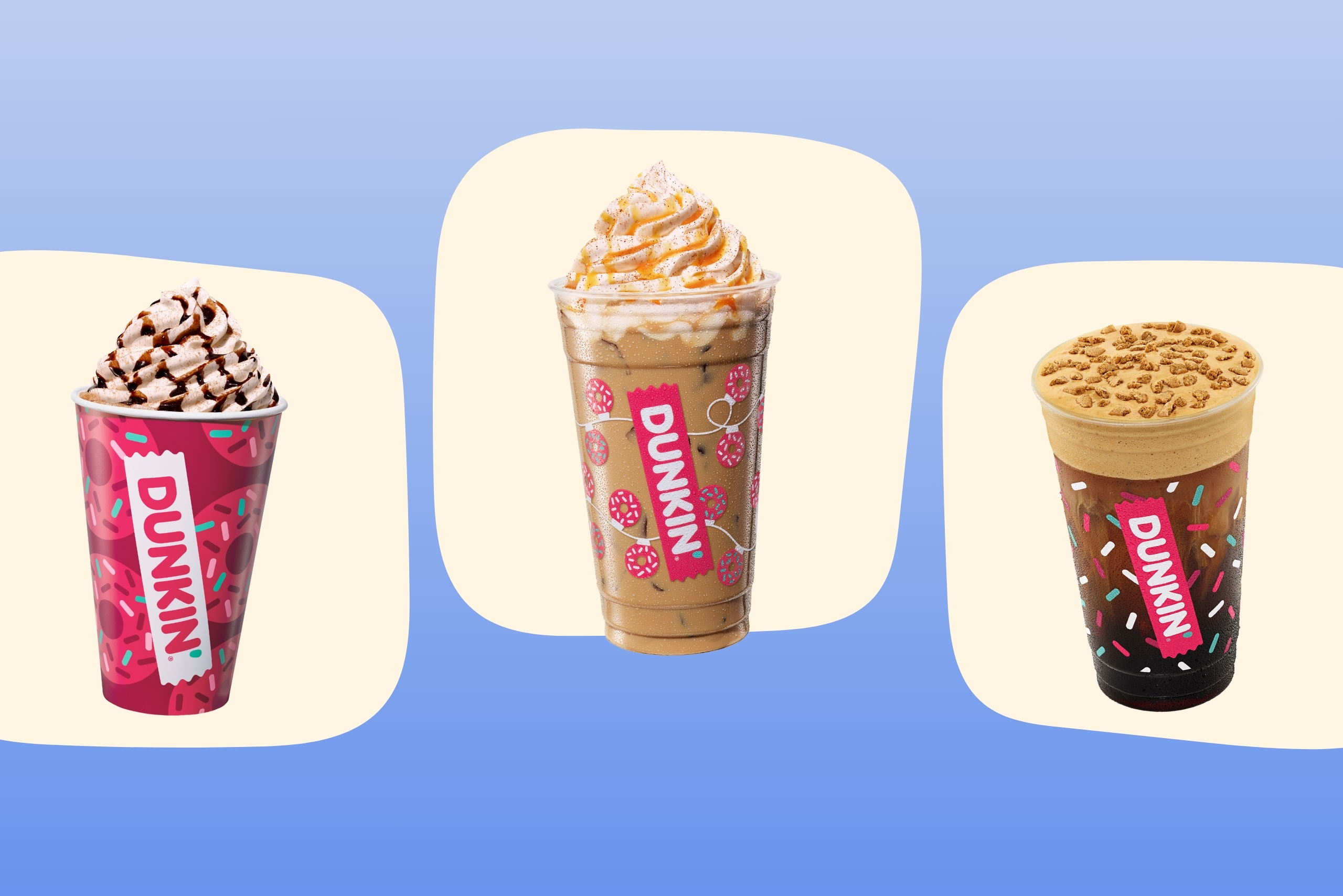 Photos of Dunkin\'s 2023 Holiday Menu.