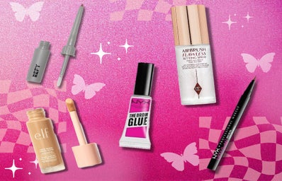Pink background with overlays of images of makeup products on top.