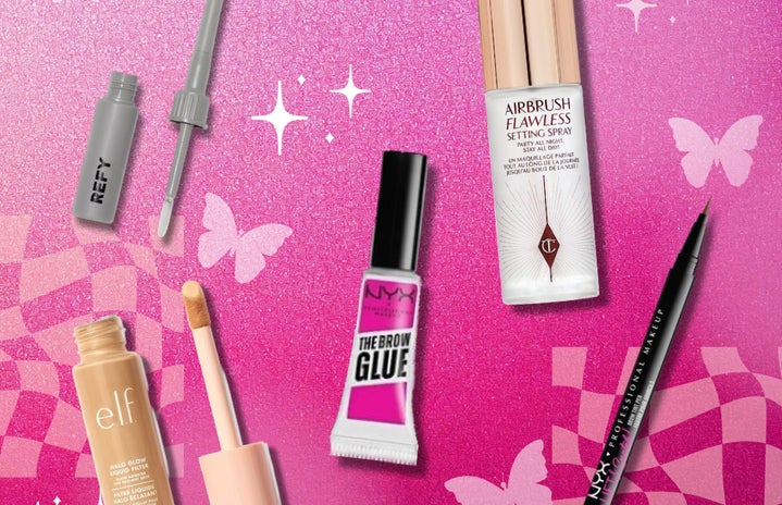 Pink background with overlays of images of makeup products on top.