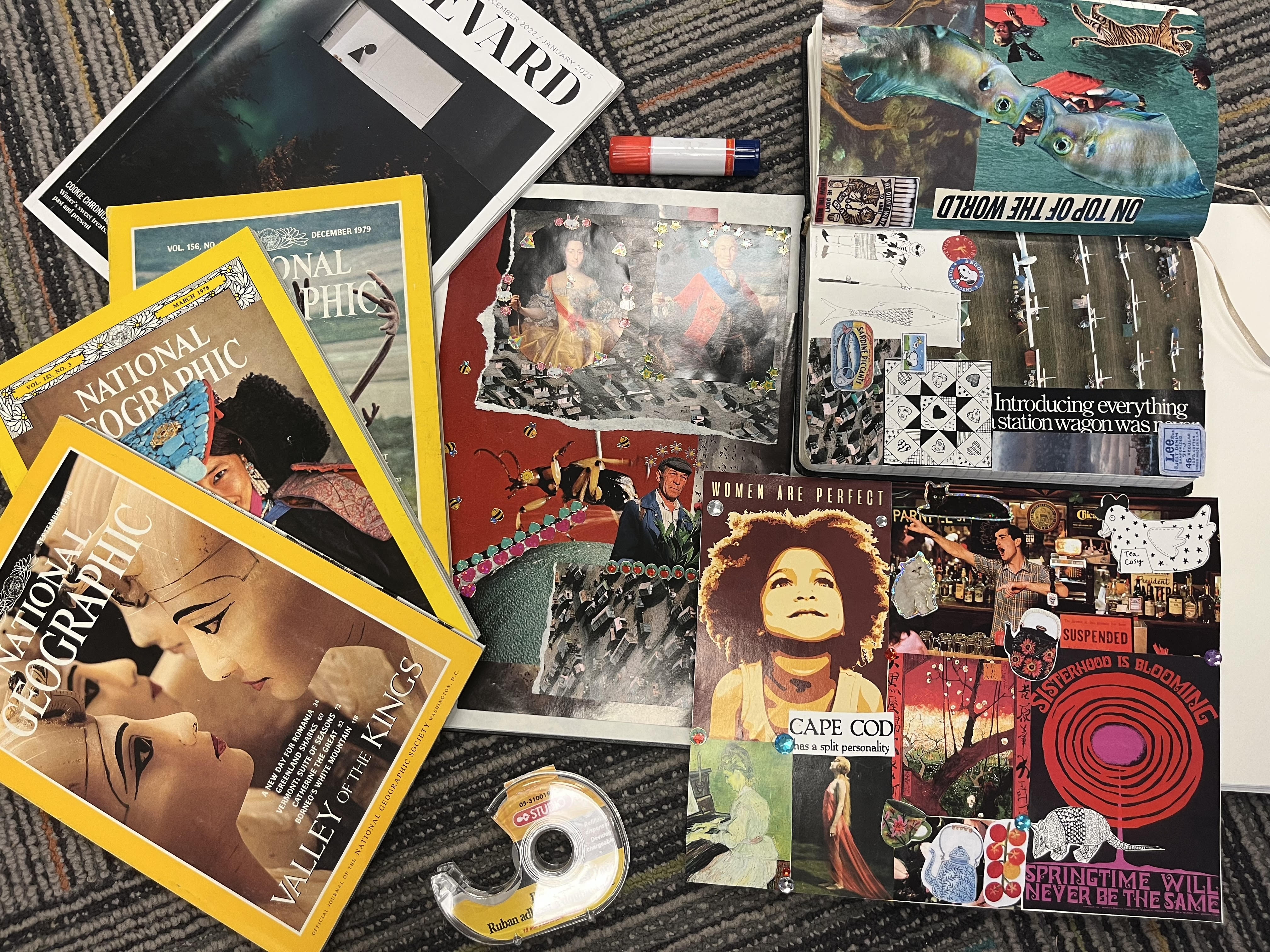 collage materials and photos on table flatlay