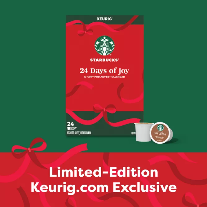 red and green box with ribbon surrounding it, with a starbucks k-cup underneath it