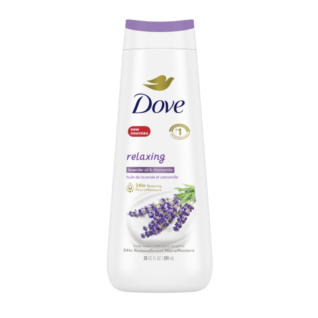 white bottle of body wash with purple lid and logo