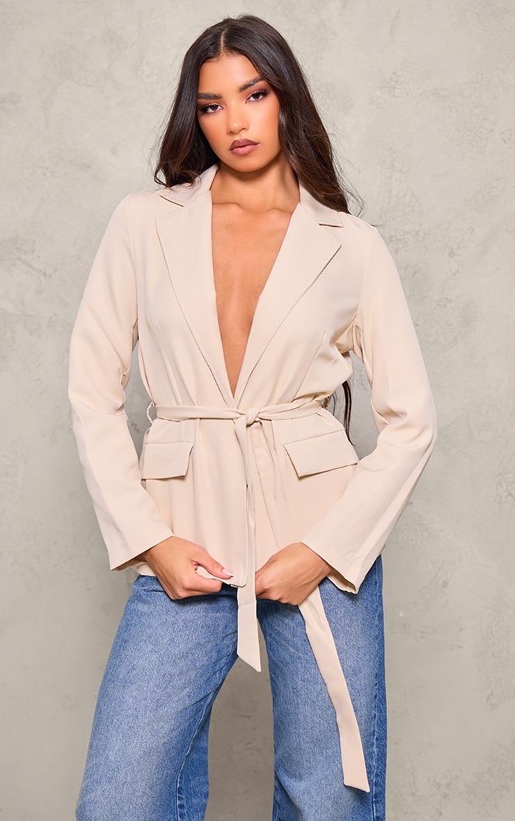 PrettyLittleThing Stone Tie Up Blazer