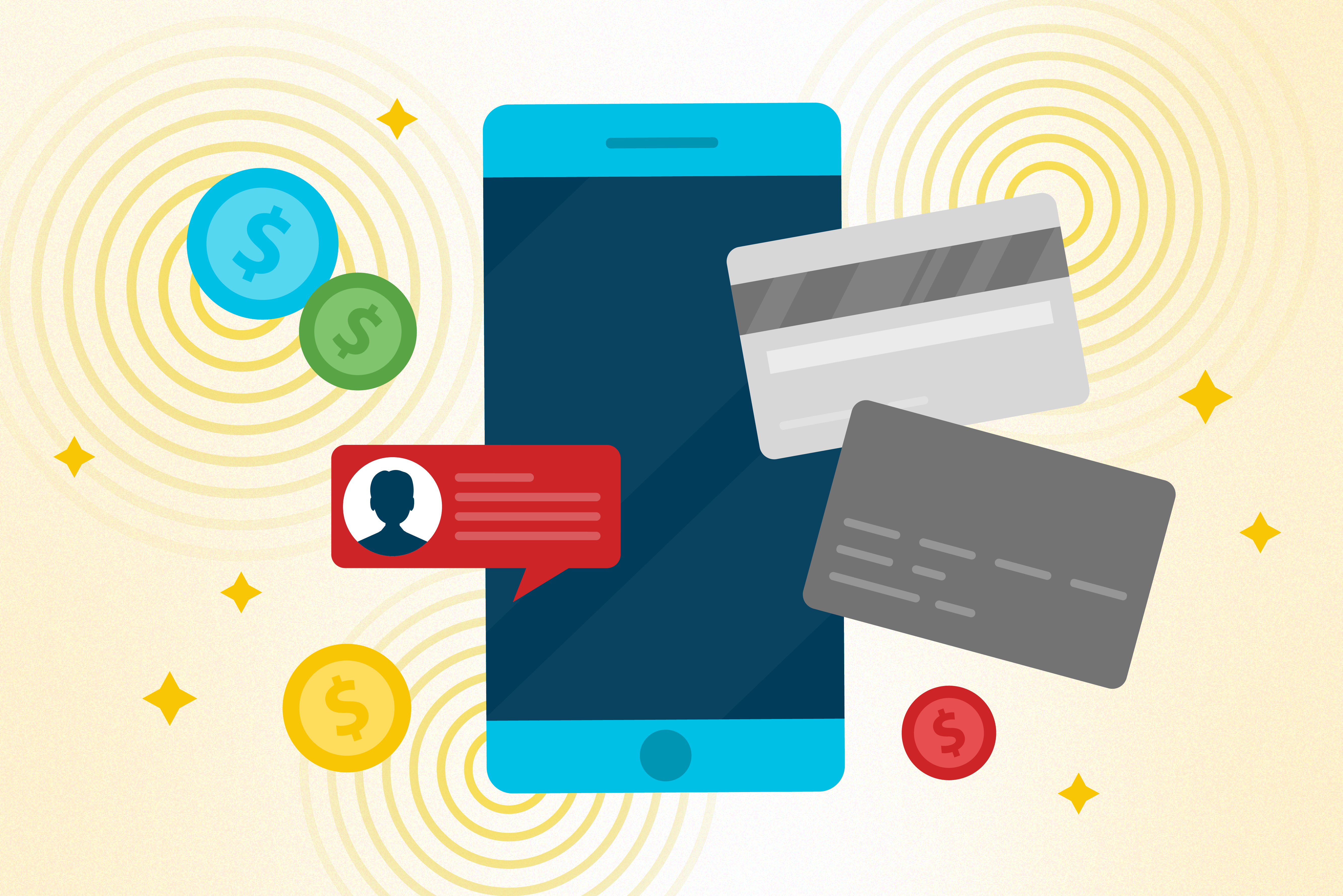 Illustration of a mobile phone with dollar signs and credit cards.