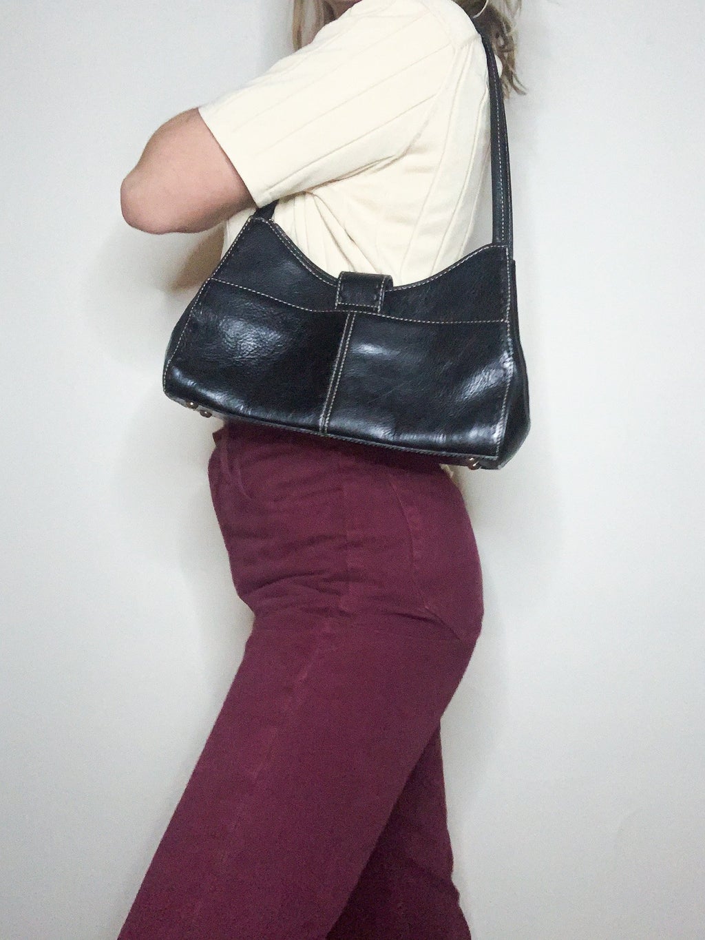 fall outfit and black over-the-shoulder bag modeled by me