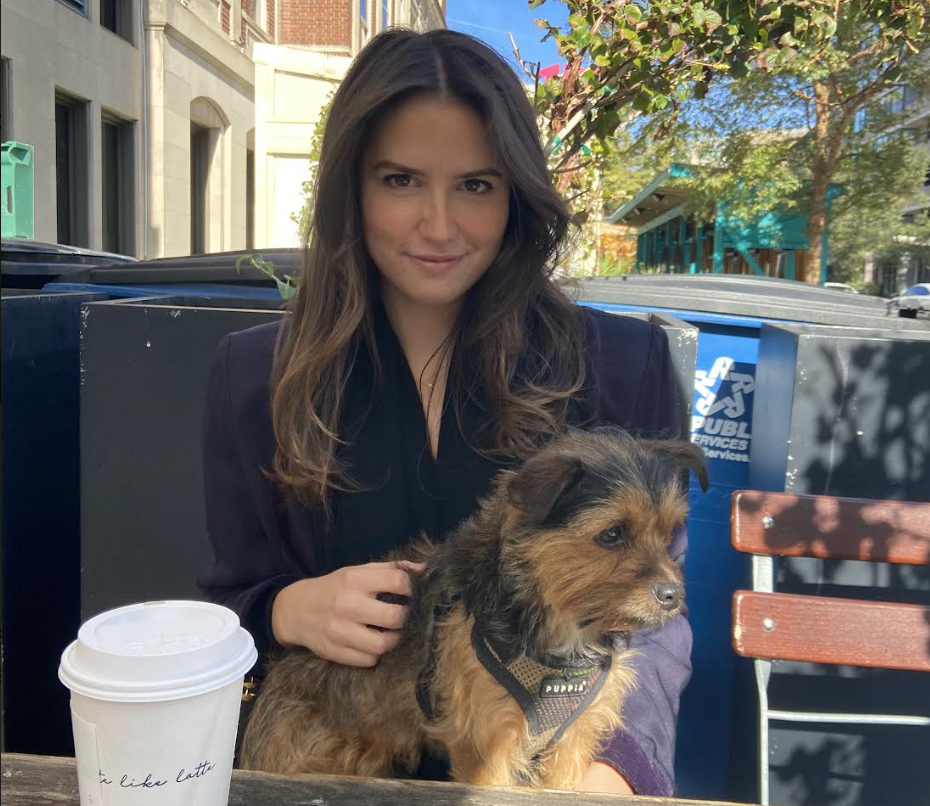 Heather Hurst sits at Tatte with her Dog Ziggy