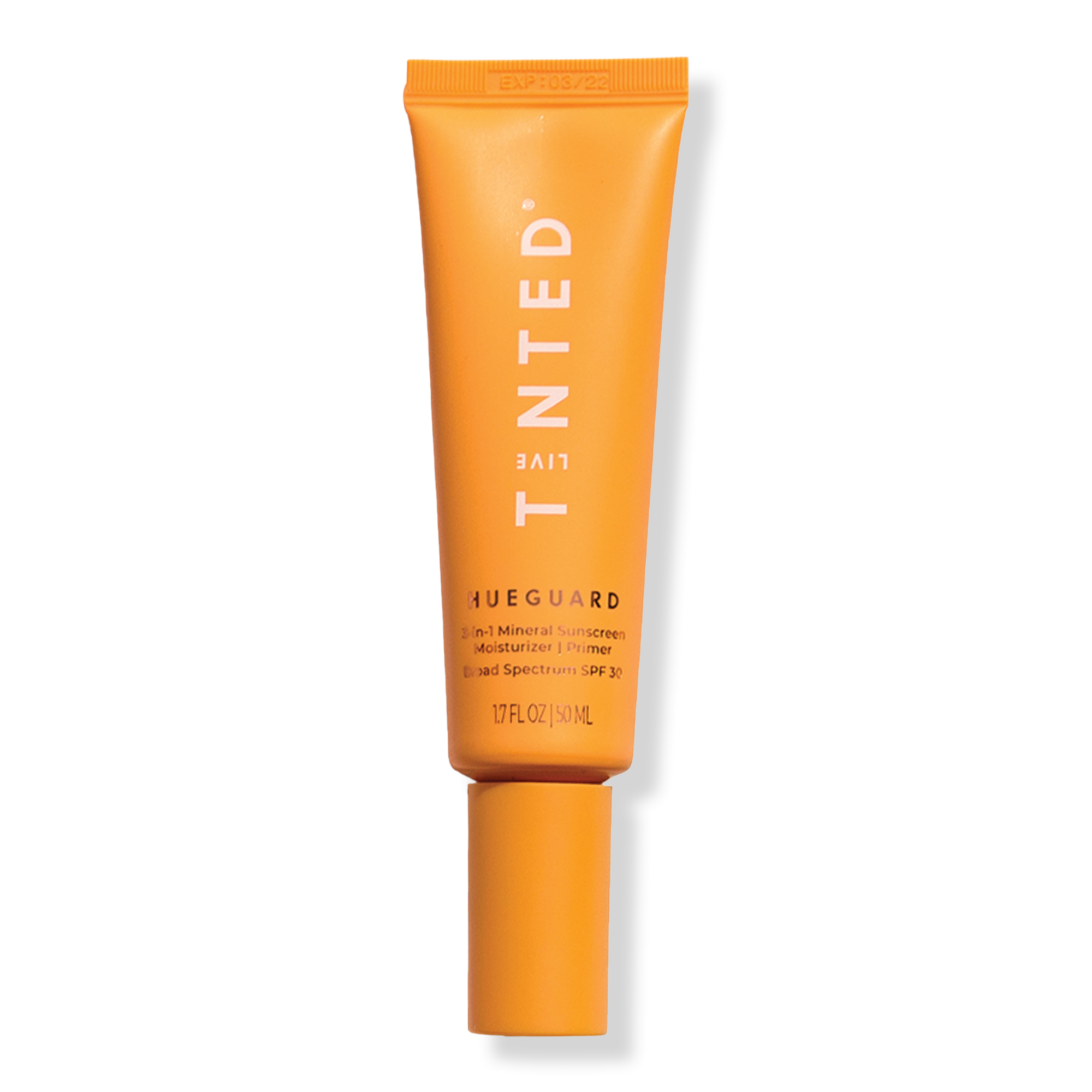 An orange Tinted HueGuard 3-in-1 mineral sunscreen tube stands against a black background, its clean, bold packaging conveying a modern skincare feel.