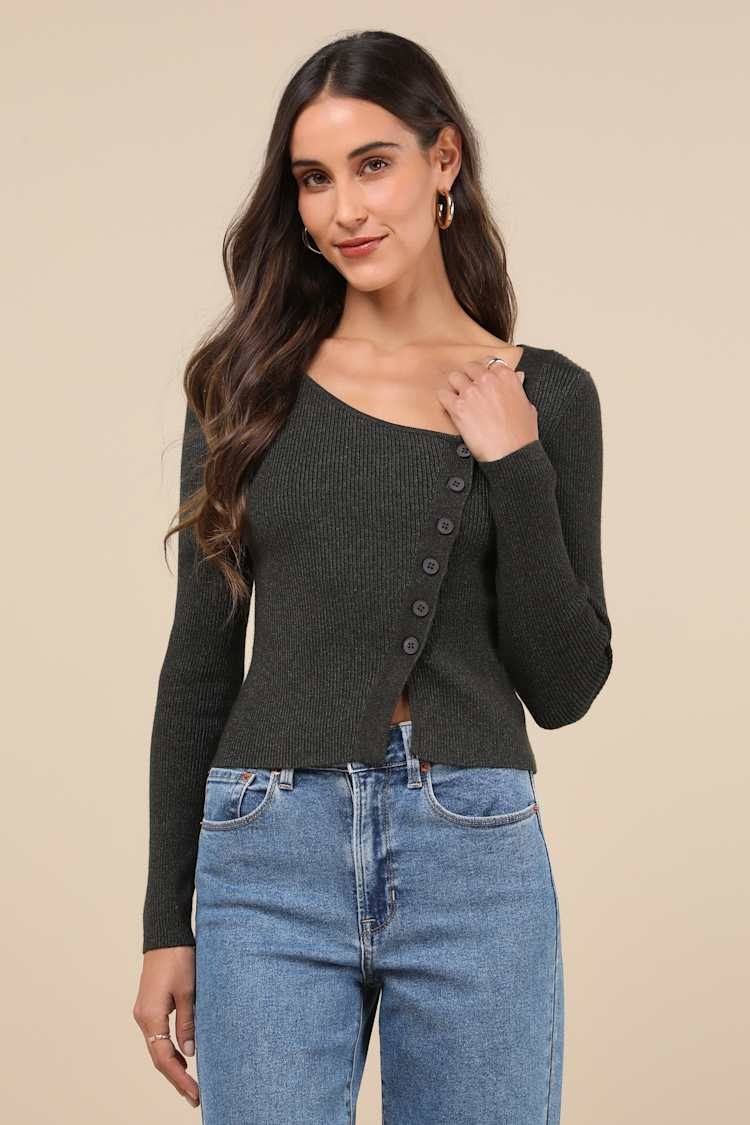 Lulu’s Modern Status Black Marled Asymmetrical Button-Front Sweater Top