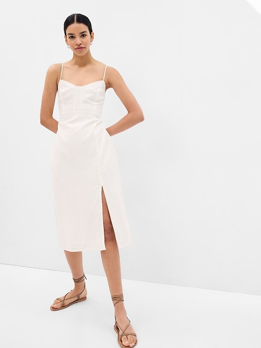 Gap Linen-Blend Tie-Back Corset Midi Dress