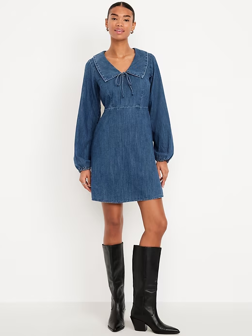 Old Navy Long-Sleeve Fit & Flare Collared Jean Mini Dress