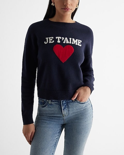 Express Je T\'aime Heart Crew Neck Sweater