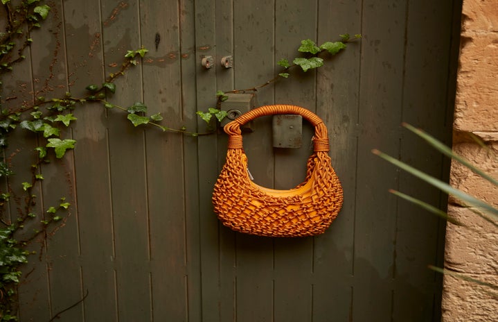 Orange woven purse hanging on a door next to a vine