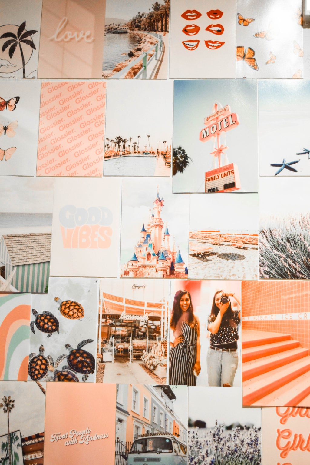 pink travel vibe collage wall close up