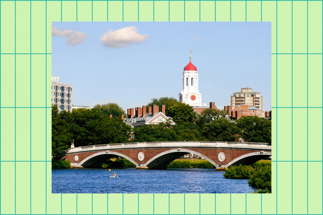 View of Harvard University and pedestrian bridge on Charles River in Cambridge, Massachusetts