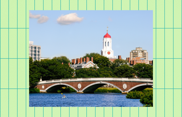View of Harvard University and pedestrian bridge on Charles River in Cambridge, Massachusetts