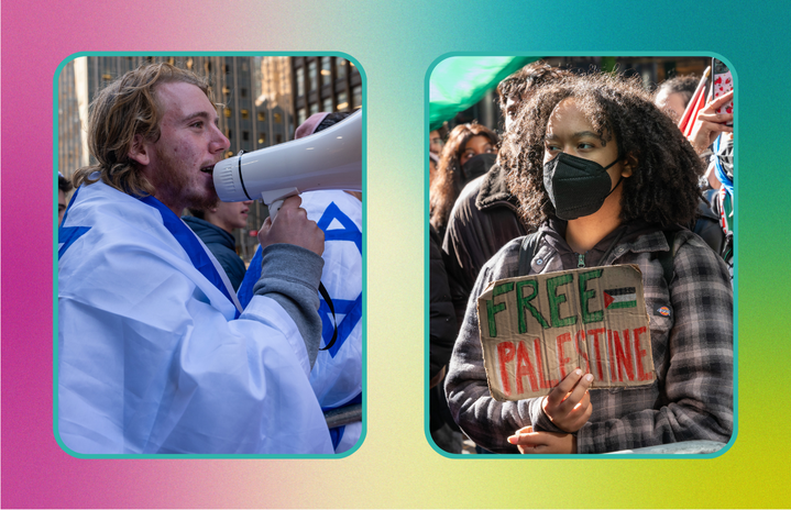 two side by side images of protesters with an israeli flag and \"free palestine\" sign, respectively