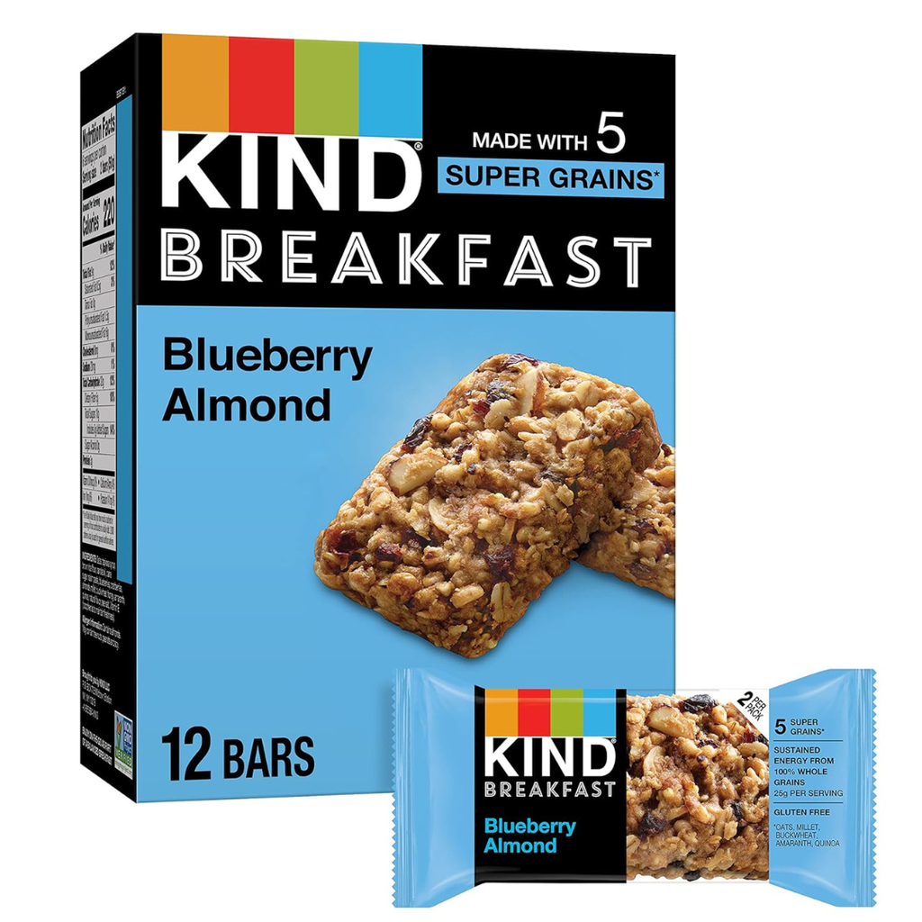 blue box of granola bars with one granola bar in front