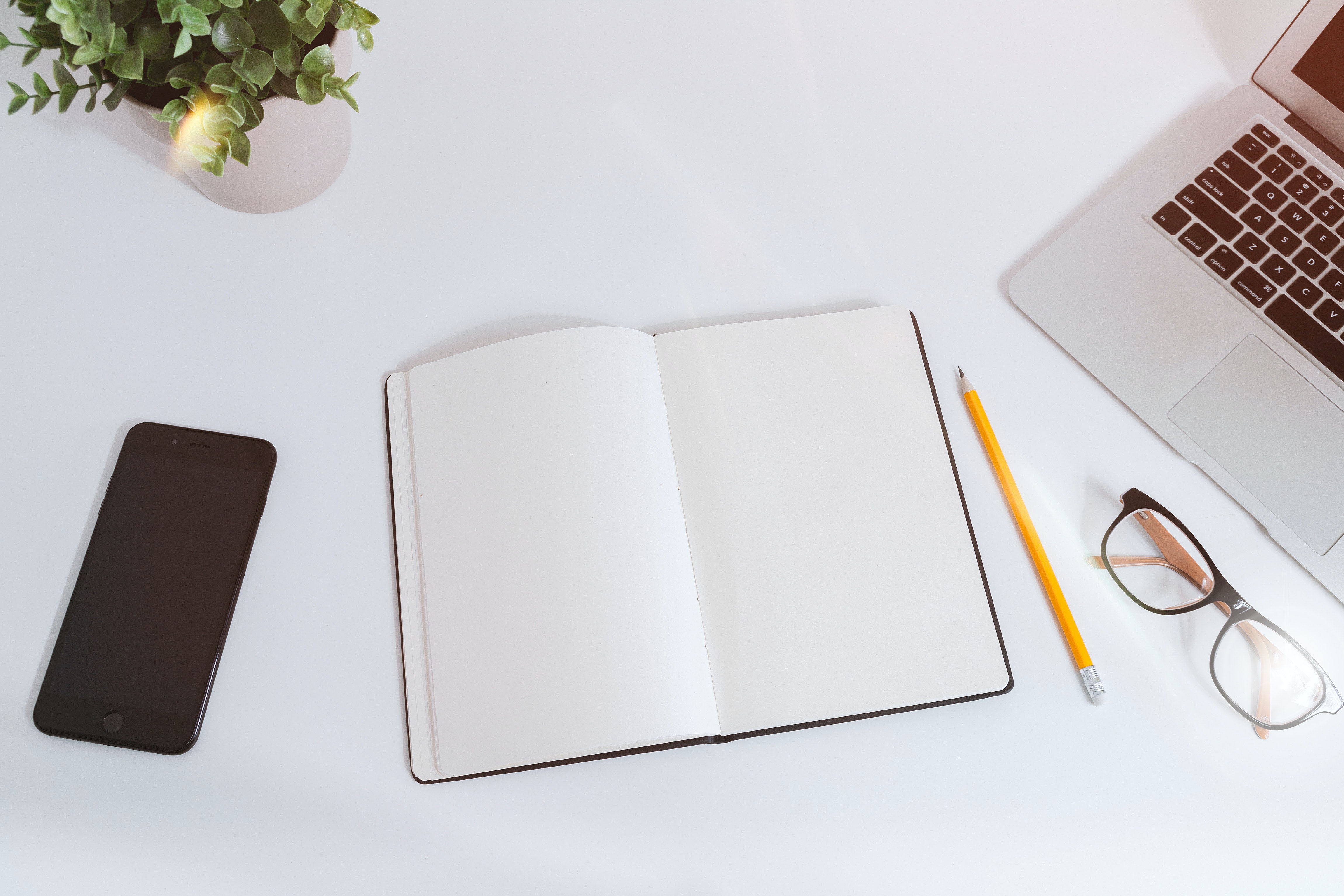An open journal, phone, pencil, laptop, and plant spread out on a table