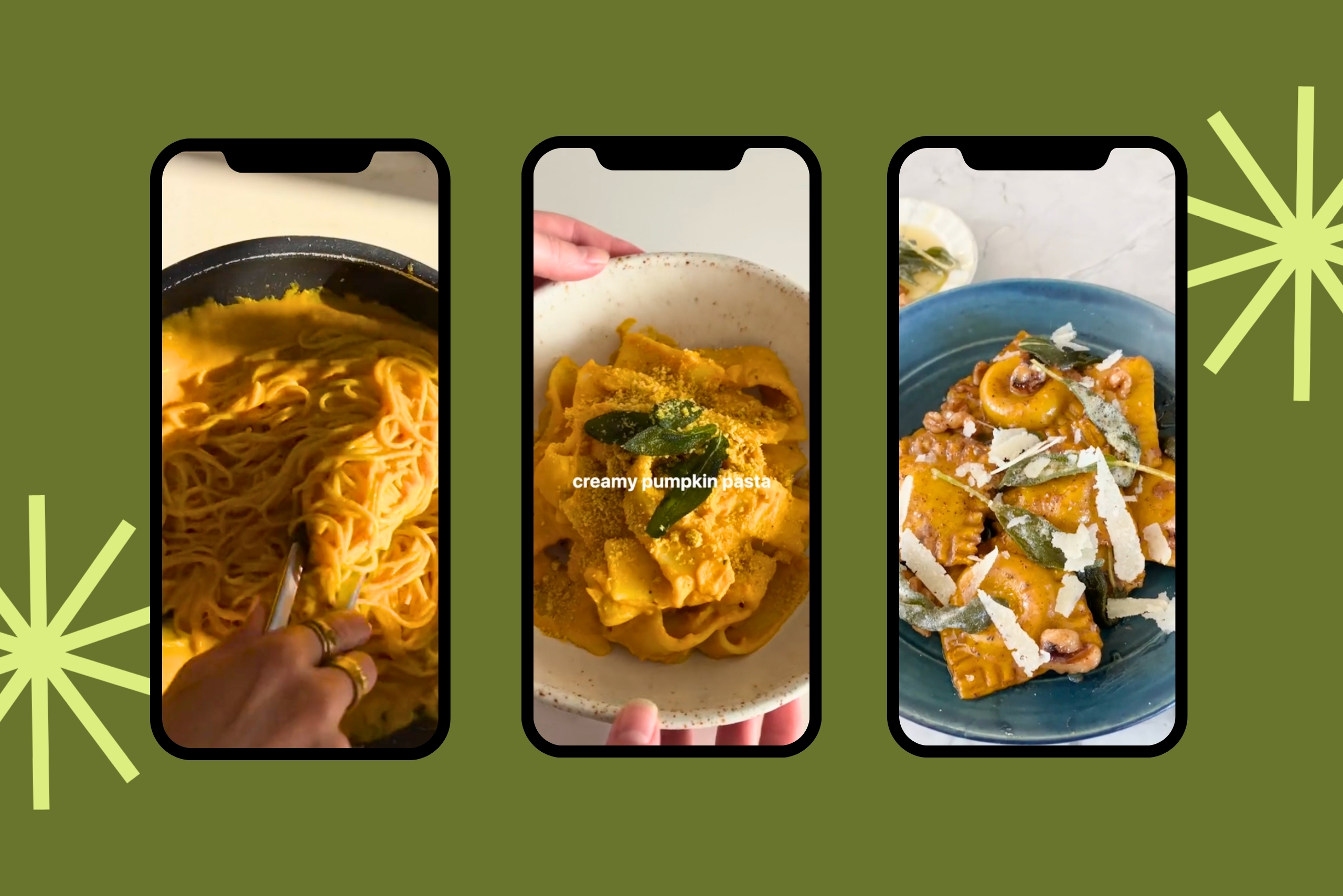 Photos of three pumpkin pasta recipes.