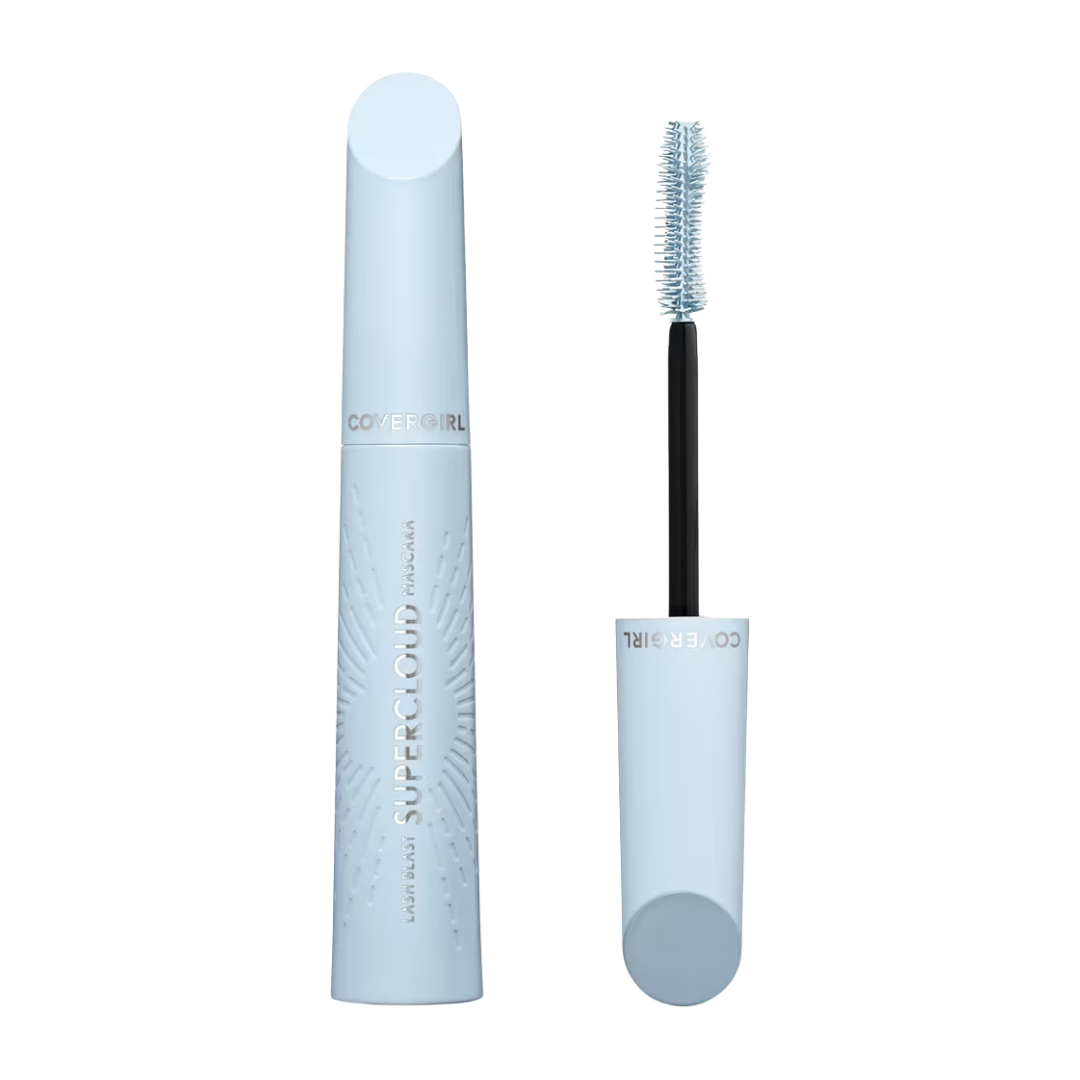 Light blue mascara tube and brush with sleek design. Tube reads \
