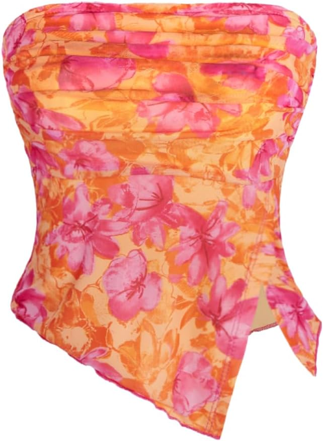 Milumia Floral Mesh Strapless Tube Top