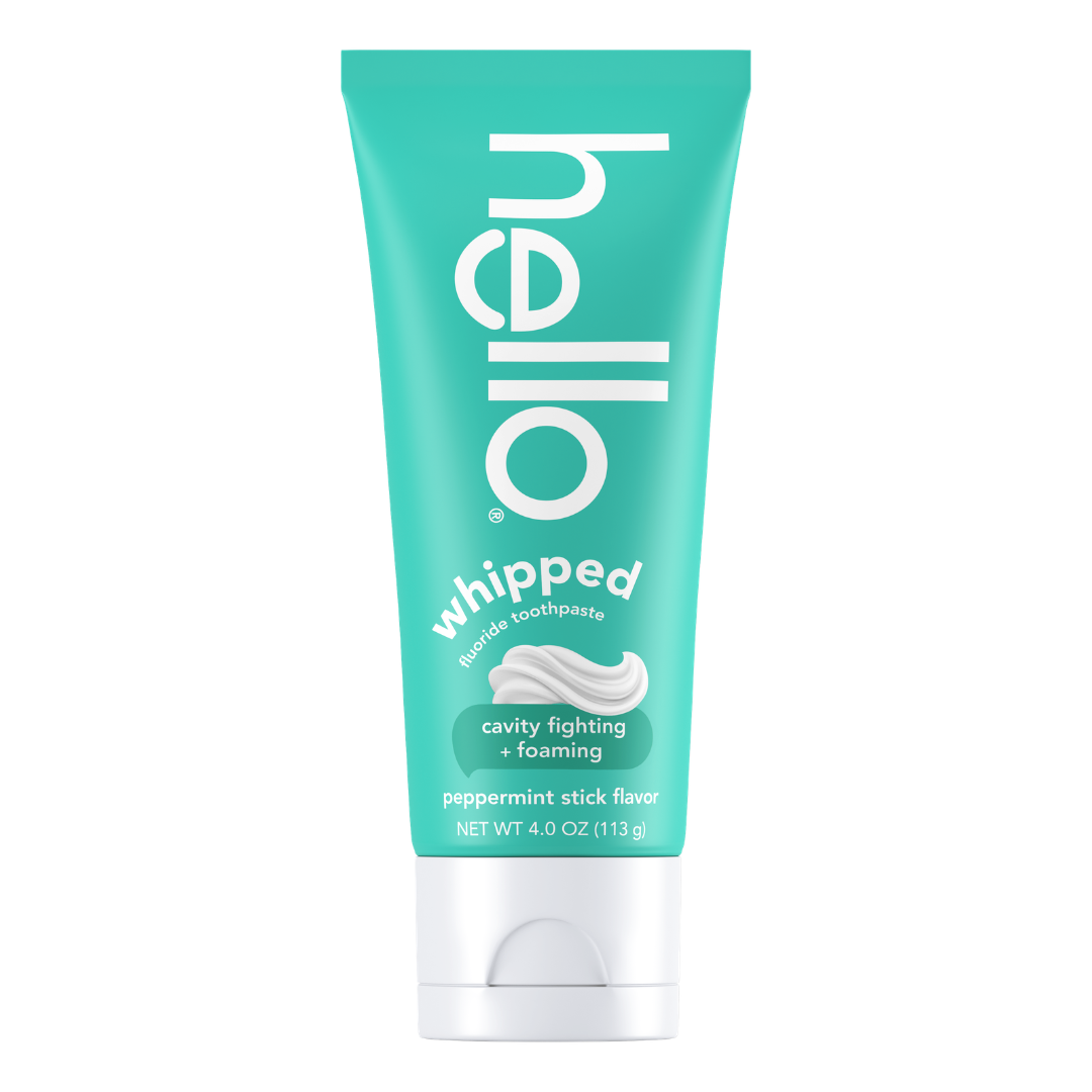 A teal tube of Hello whipped fluoride toothpaste, peppermint stick flavor, with white text and a white cap, 4.0 oz (113 g).