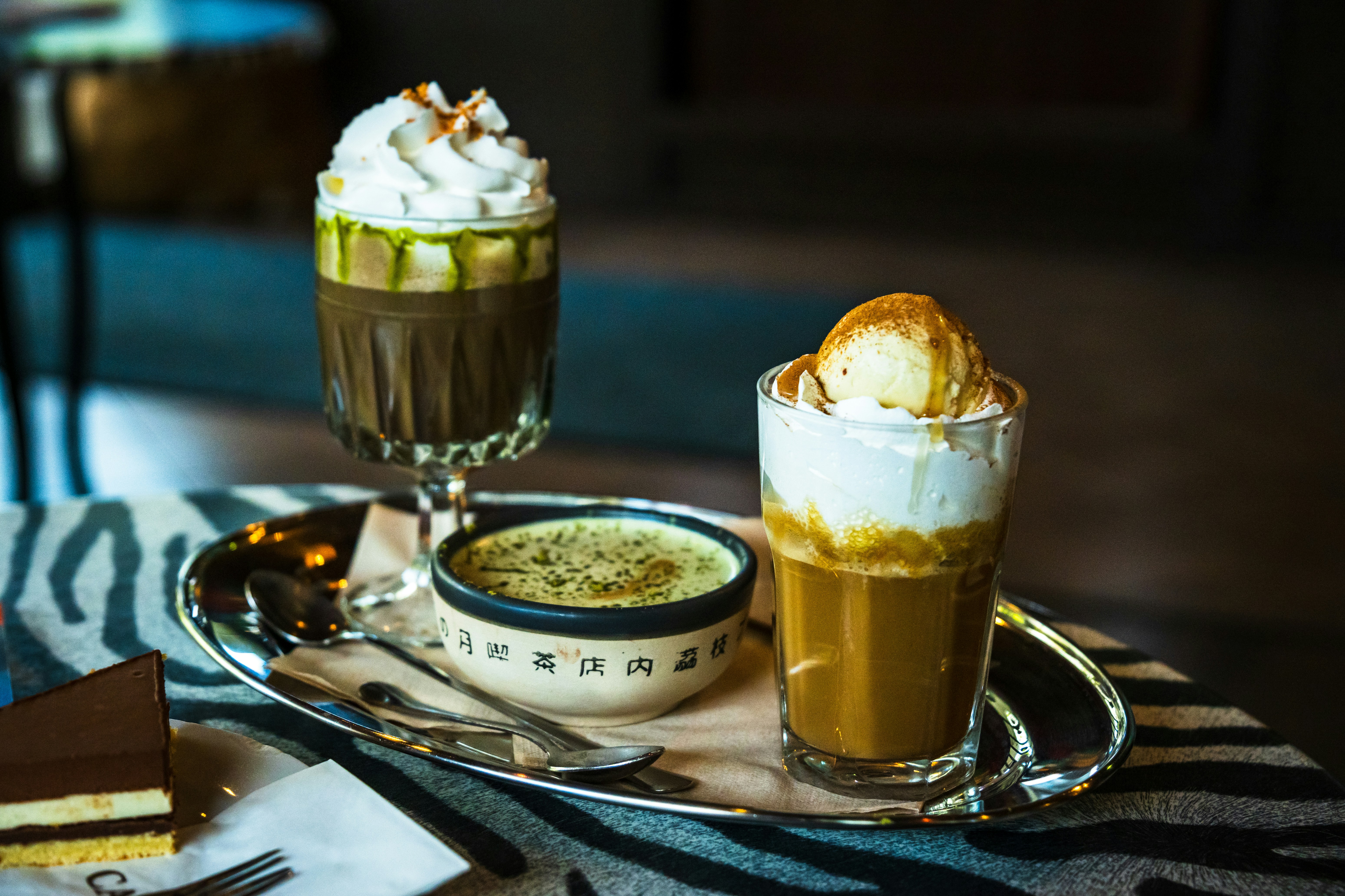 Pistachio, Matcha, Ice coffee with banana ice cream