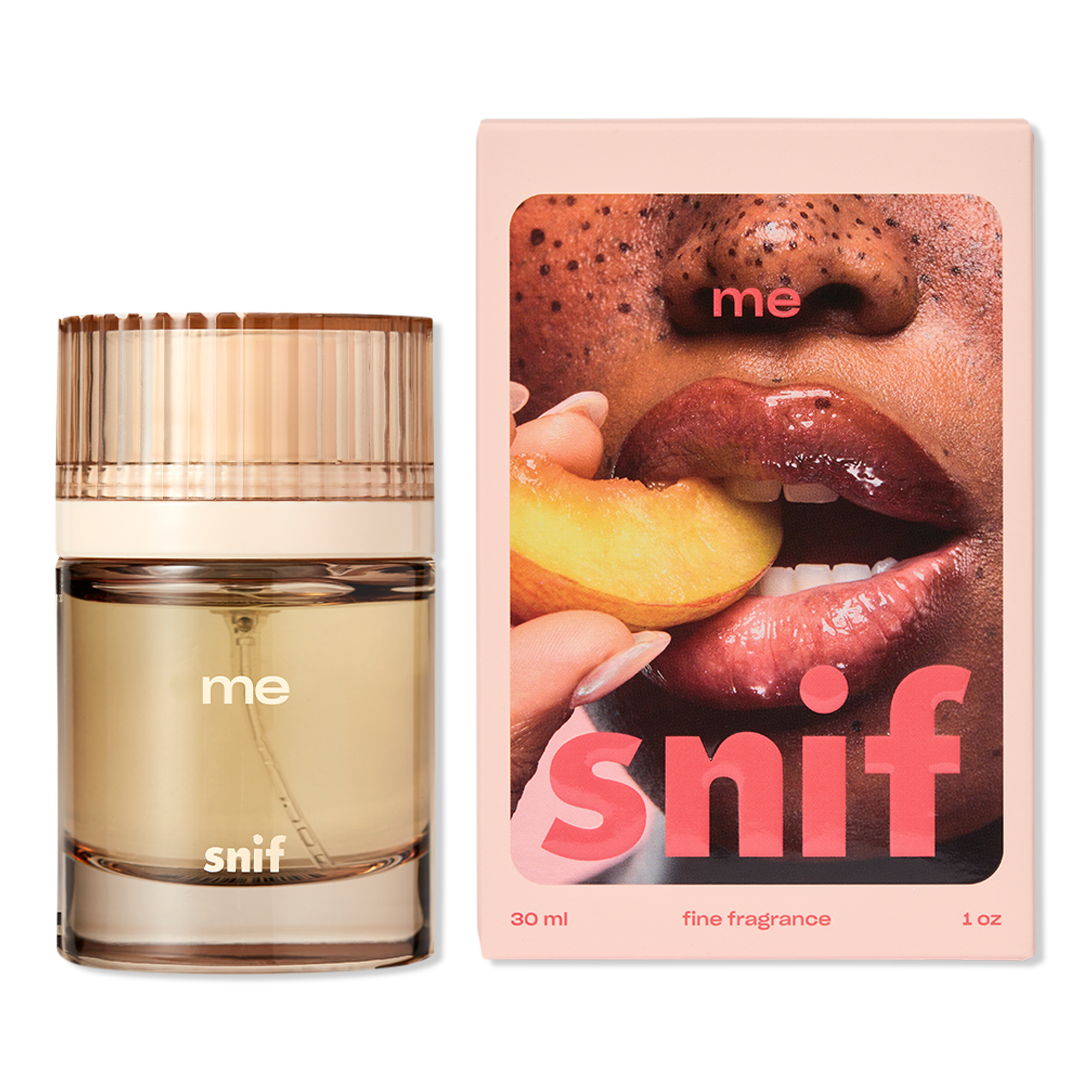 A glass bottle of Snif “me” fragrance beside packaging featuring glossy lips biting a peach slice, with large pink lettering; sensual, playful tone.