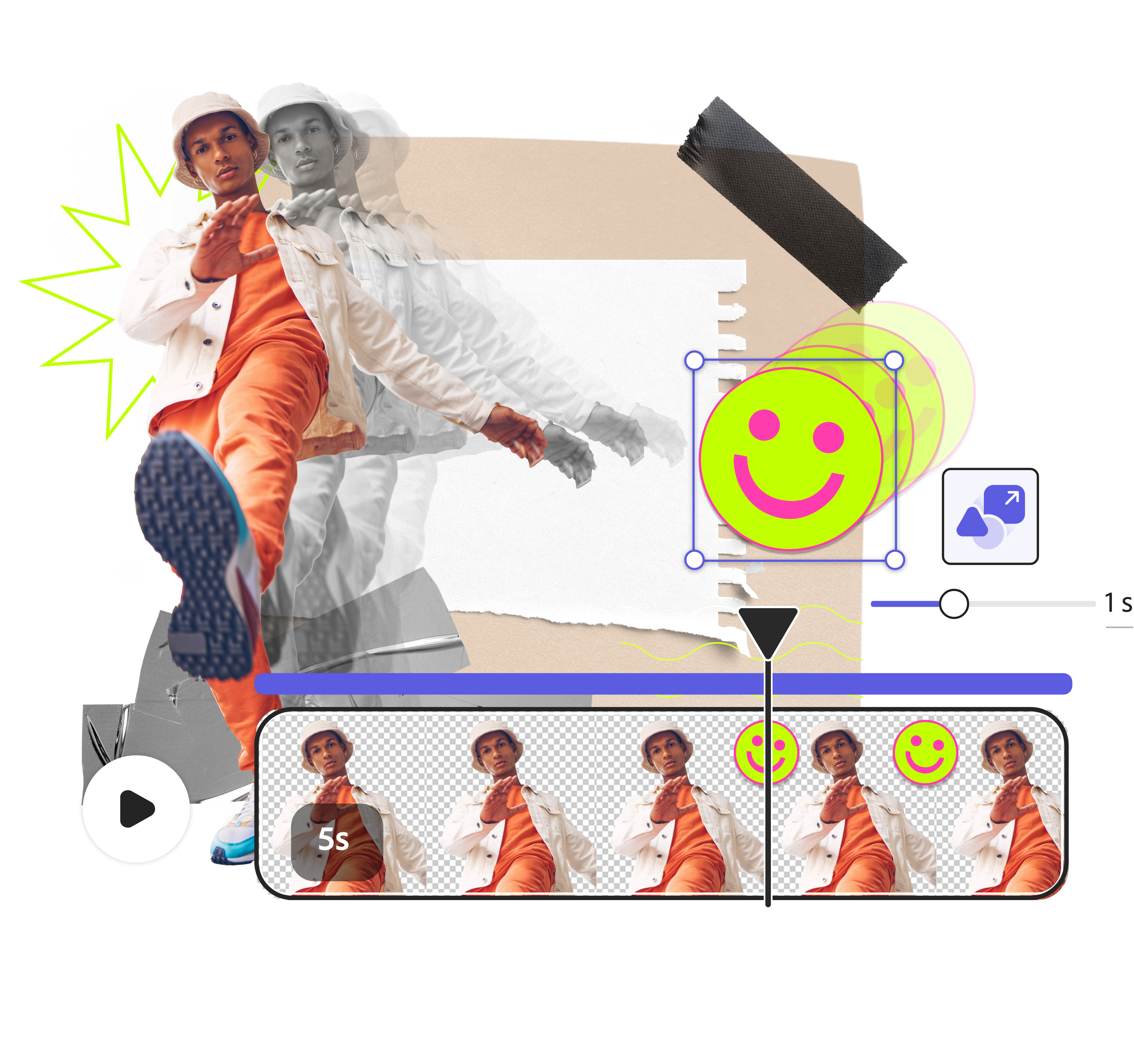 Image of person walking surrounded by video editing tools and elements.