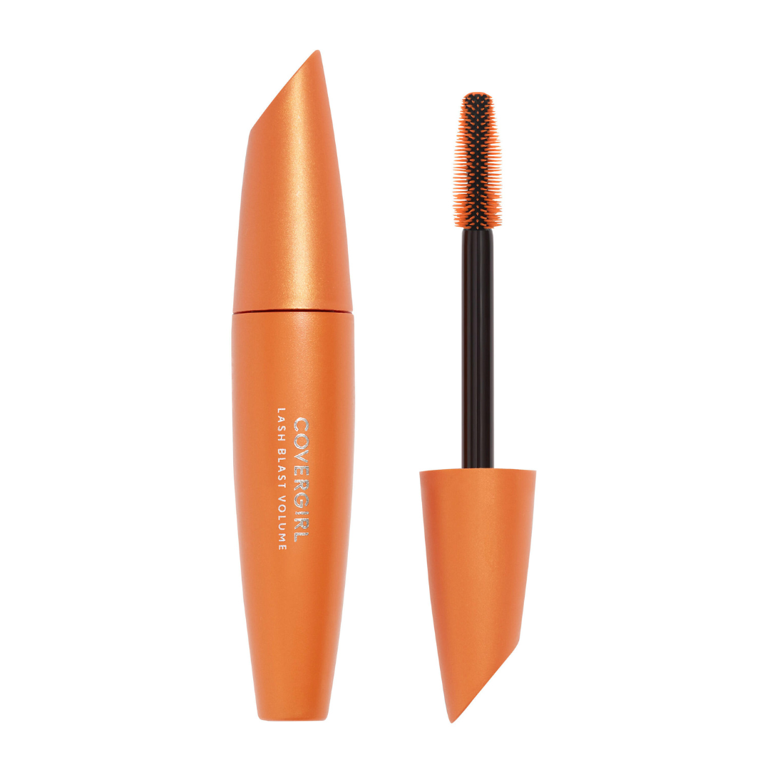 A bright orange mascara container featuring a black applicator brush for enhancing eyelashes.