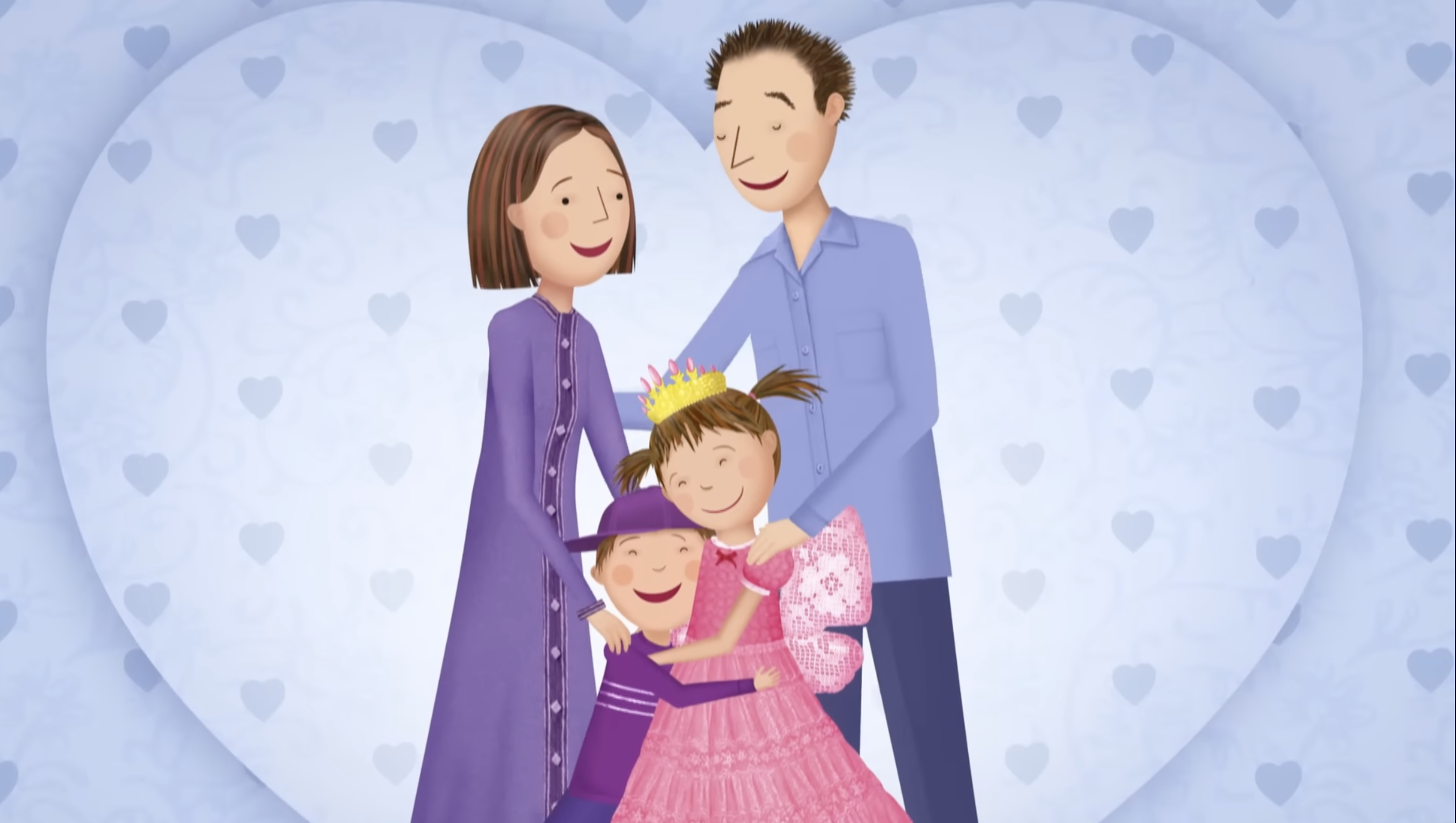 A family standing together with a mother and father behind thier son and daughter. Still image from Pinkalicious and Peterrific