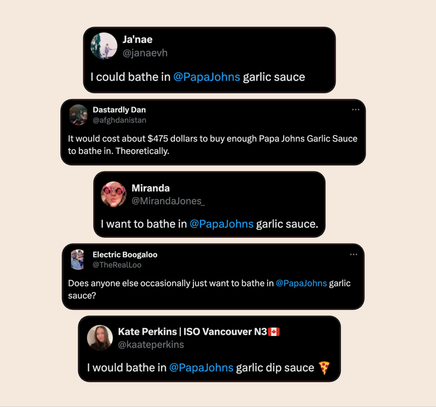 Tweets about wanting to bathe in Papa Johns Garlic Dipping Sauce