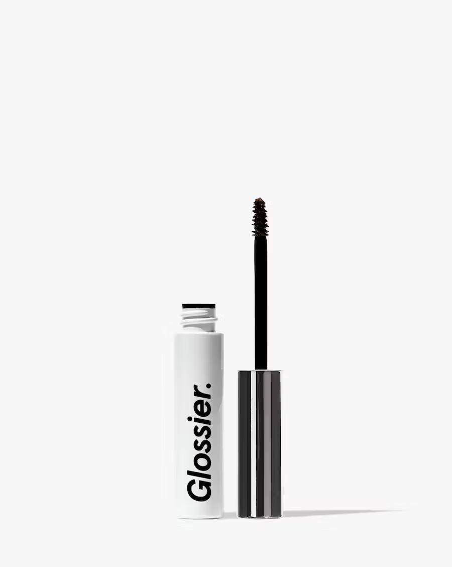 Glossier boy brow eye brow gel tube, white and silver tube on a white background