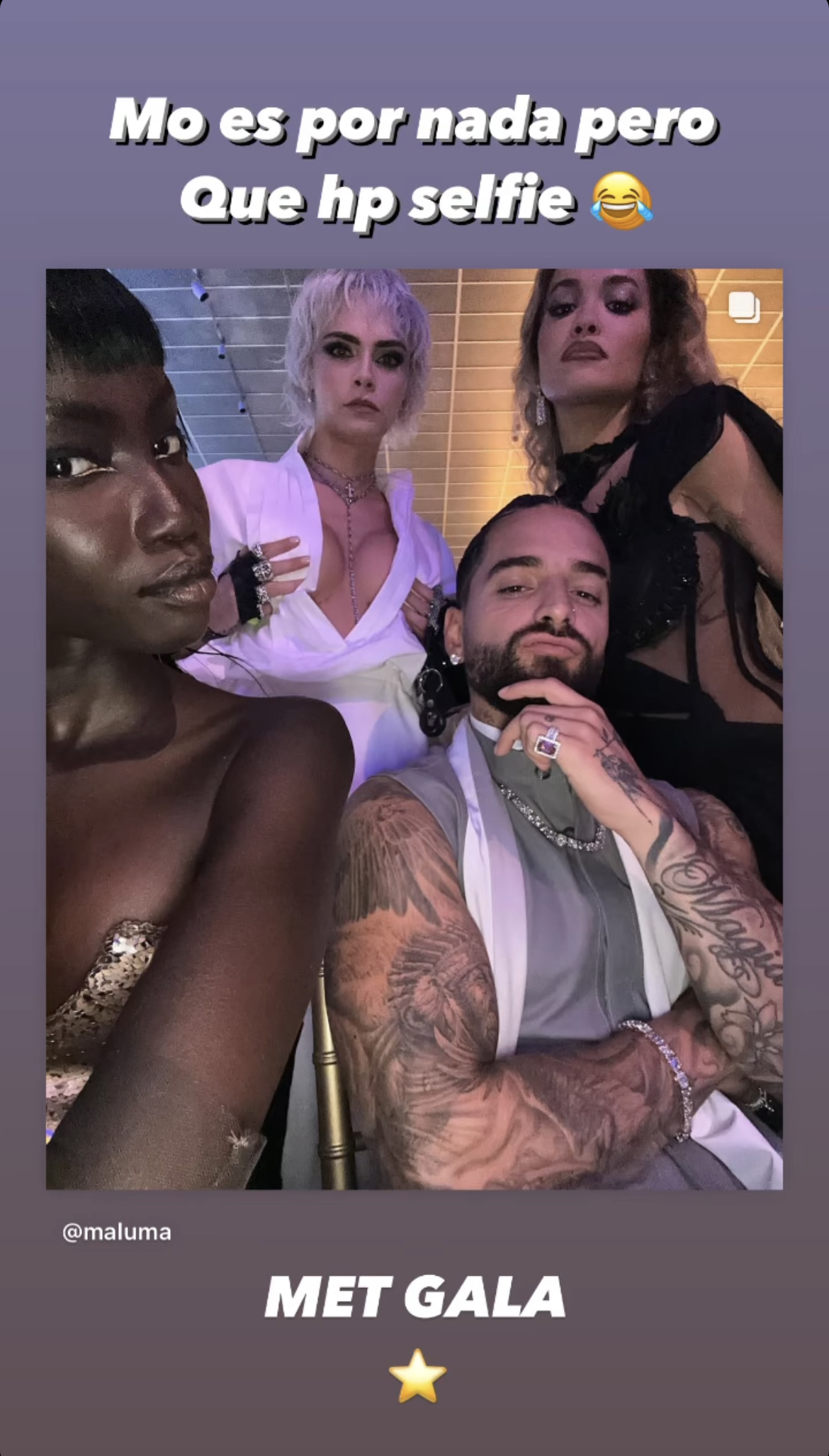 maluma instagram story with anok yai, cara delevingne, and rita ora at the 2023 met gala