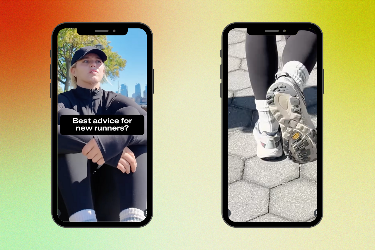 screenshots of renee rapp\'s strava insta promotion. pic on the left is her sitting down in black leggings, black long sleeve, and black hat. pic on right is of her shoes running