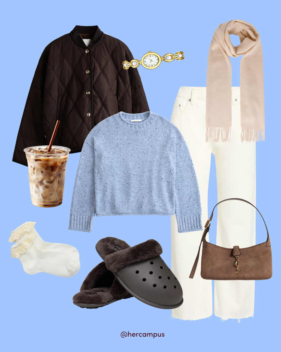Cozy fall outfit flat lay on a blue background: quilted black jacket, blue sweater, cream trousers and scarf, clogs, socks, iced coffee, and gold watch.