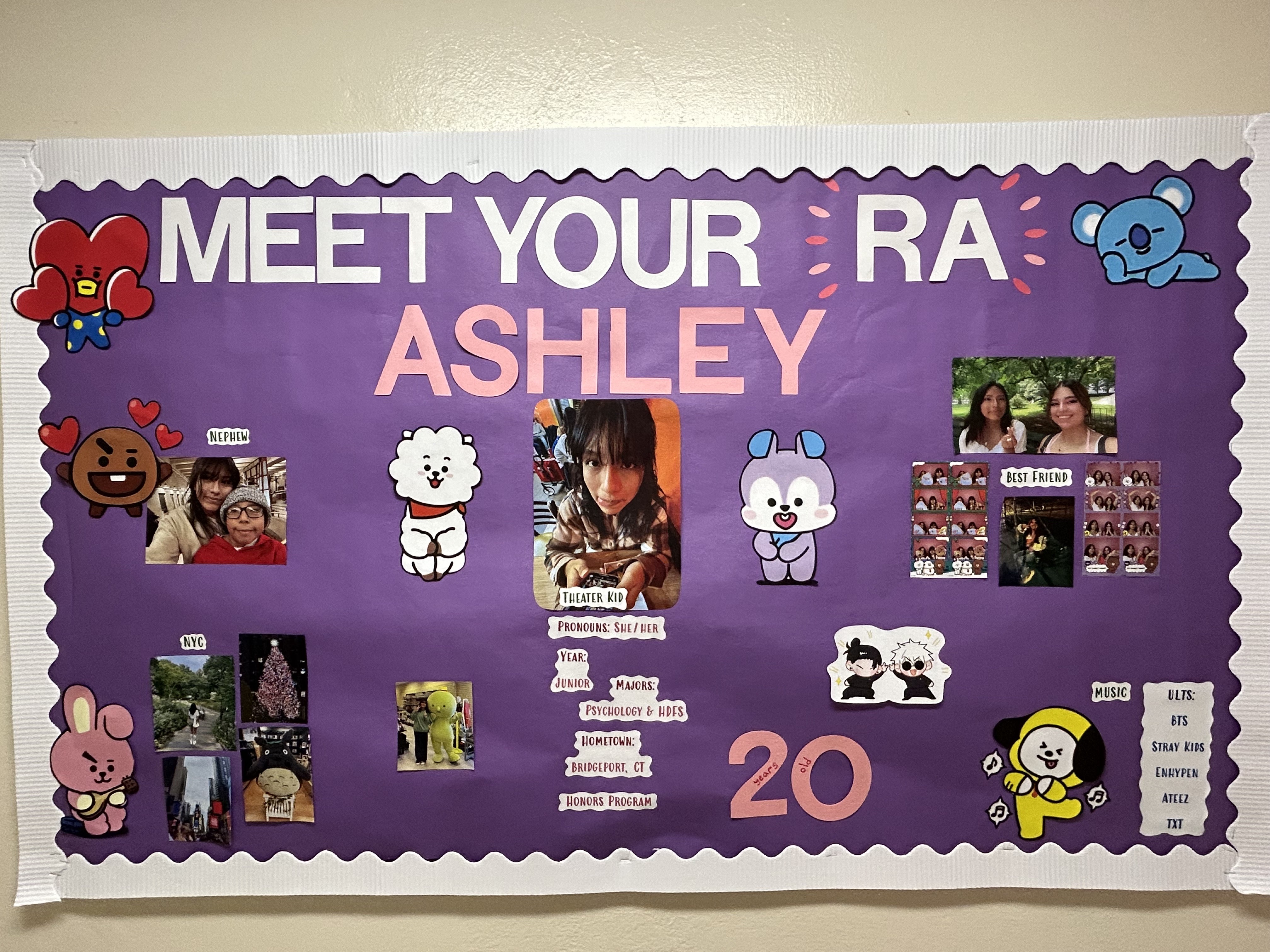 Meet the RA board with pictures of me, my friend, and nephew with other miscellaneous pictures and decorations that I put together