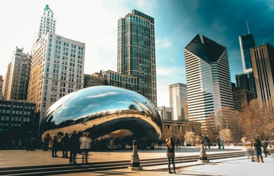 Chicago skyline with sculpture.