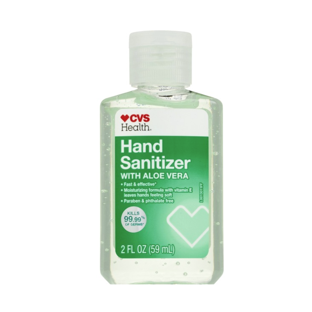 clear bottle of hand sanitizer with green label