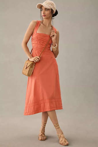 Pilcro Ruched Square-Neck Dress, orange dress