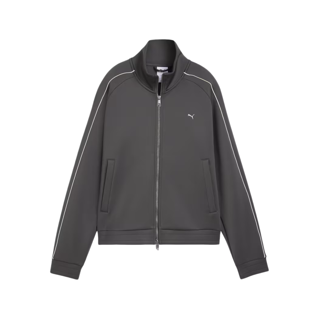 A sleek dark gray zip-up track jacket with white piping along the shoulders and sleeves. The design is sporty and minimalist with a small logo on the chest.