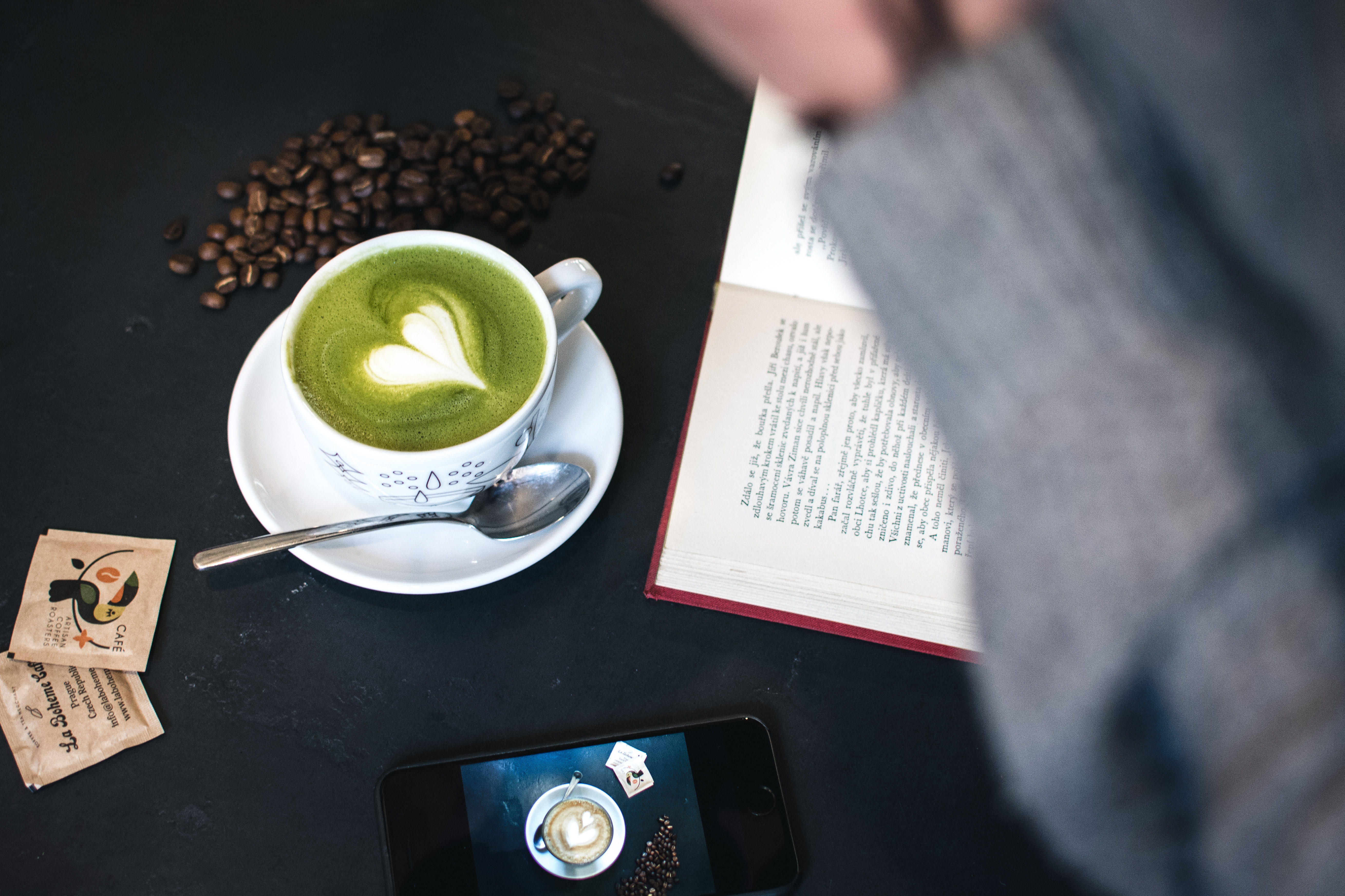 Matcha Latte art with a book