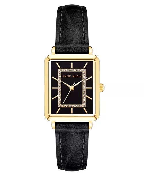Anne Klein Women’s Watch in Black Faux Leather with Gold-Tone Lugs